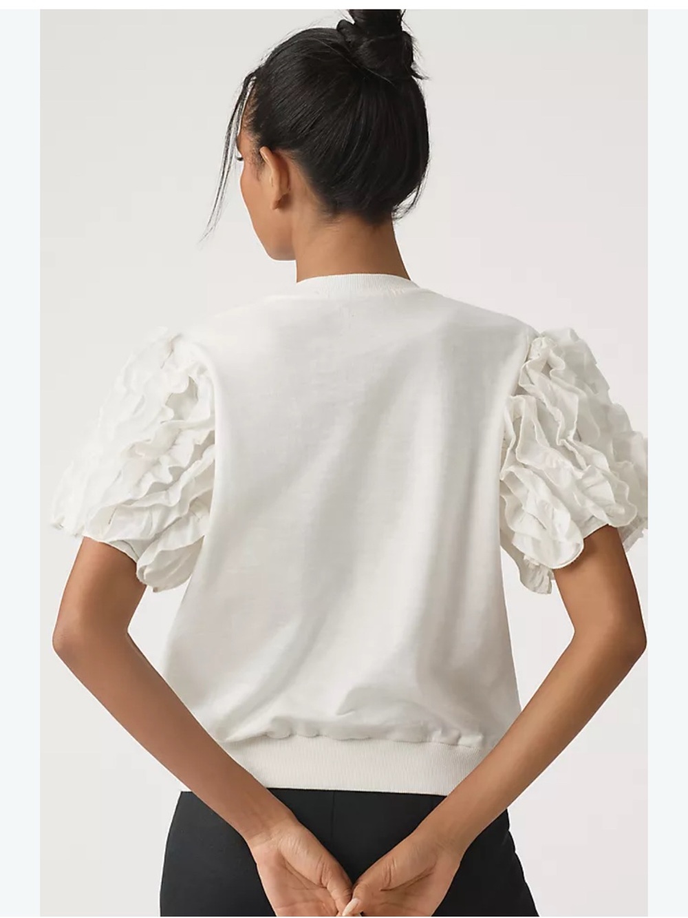 Anthropologie White Ruffled Puff Sleeve Sweatshirt